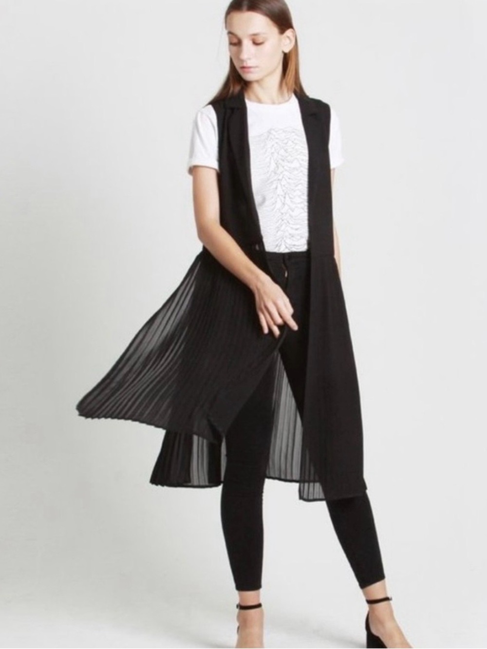 All:row Elegant Sleeveless Black Pleated Duster Vest